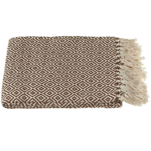 Set of 2 Brown and Cream White Cotton Diamond Fringed Throw Blankets 50" x 60"