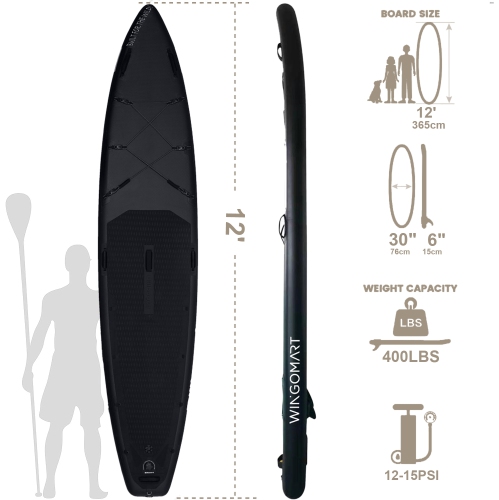 ELITE BLACK XXL 12FT Inflatable Stand up Paddle Board 12'x30"x6"Premium Accessories &Carry Bag| paddle boards w/ 3Fish Fin |1-2Person Up to 400lb,