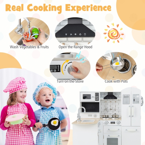 Gymax Kid's Corner Kitchen Playset Wooden Chef Play w/ Stove Utensils & Refrigerator