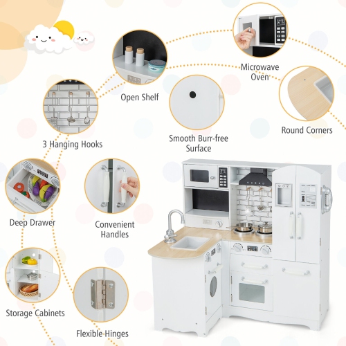 Gymax Kid's Corner Kitchen Playset Wooden Chef Play w/ Stove Utensils & Refrigerator