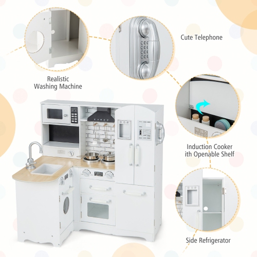 Gymax Kid's Corner Kitchen Playset Wooden Chef Play w/ Stove Utensils & Refrigerator