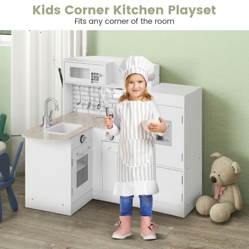 Gymax Kid's Corner Kitchen Playset Wooden Chef Play w/ Sink Stove Range Hood Utensils