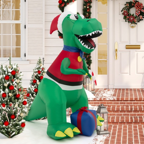 GYMAX  6 Ft Inflatable Christmas Dinosaur With Gift Blow Up Christmas Decoration W/ Led Lights