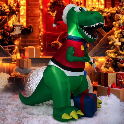 Gymax 6 FT Inflatable Christmas Dinosaur with Gift Blow Up Christmas Decoration w/ LED Lights
