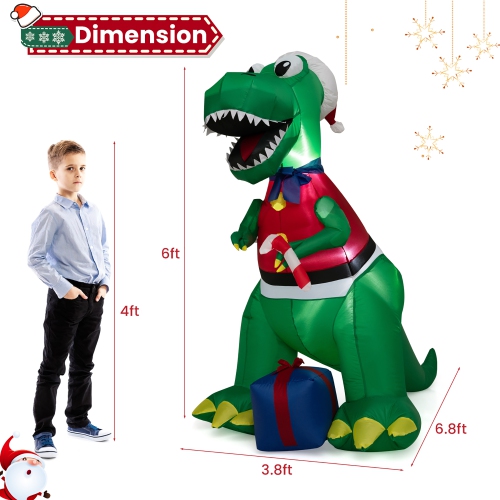 Gymax 6 FT Inflatable Christmas Dinosaur with Gift Blow Up Christmas Decoration w/ LED Lights