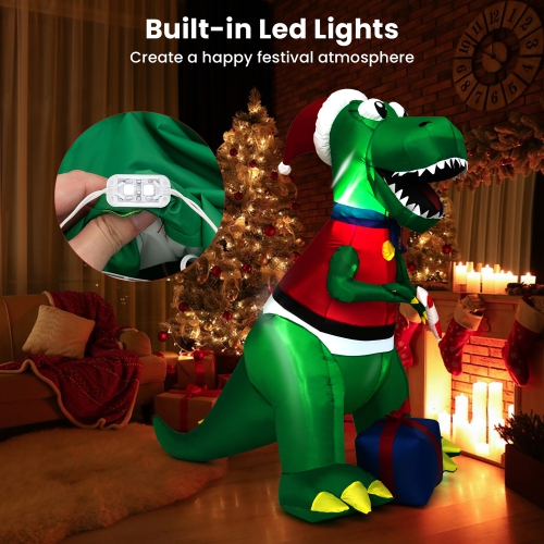 Gymax 6 FT Inflatable Christmas Dinosaur with Gift Blow Up Christmas Decoration w/ LED Lights