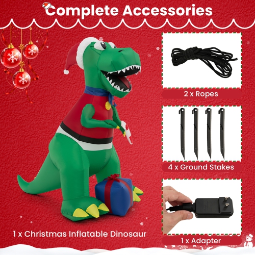 Gymax 6 FT Inflatable Christmas Dinosaur with Gift Blow Up Christmas Decoration w/ LED Lights