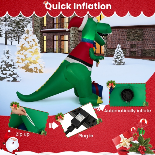 Gymax 6 FT Inflatable Christmas Dinosaur with Gift Blow Up Christmas Decoration w/ LED Lights