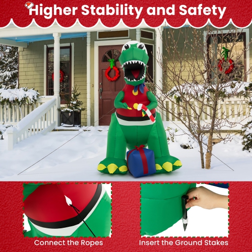 Gymax 6 FT Inflatable Christmas Dinosaur with Gift Blow Up Christmas Decoration w/ LED Lights