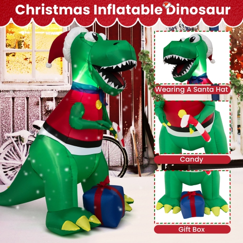 Gymax 6 FT Inflatable Christmas Dinosaur with Gift Blow Up Christmas Decoration w/ LED Lights
