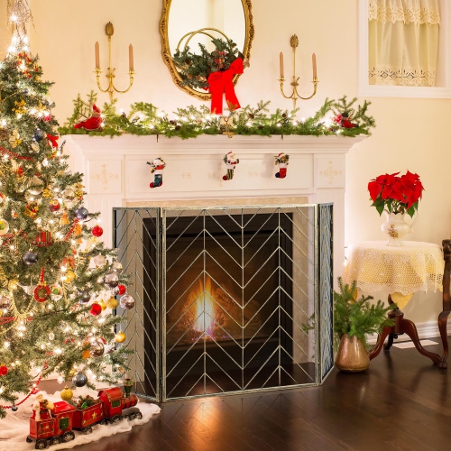 Gymax 3-Panel Fireplace Screen Foldable Wrought Metal Iron Mesh Fire Spark Guard