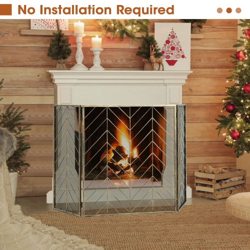 Gymax 3-Panel Fireplace Screen Foldable Wrought Metal Iron Mesh Fire Spark Guard