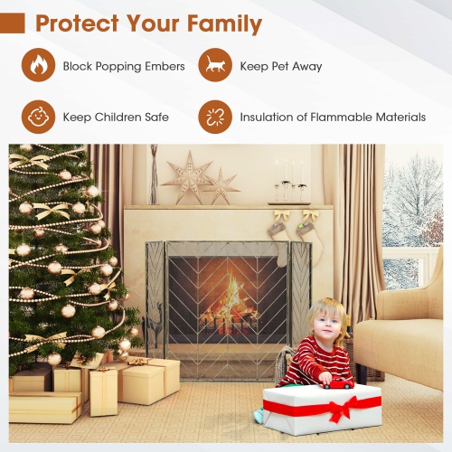 Gymax 3-Panel Fireplace Screen Foldable Wrought Metal Iron Mesh Fire Spark Guard