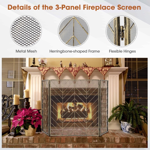 Gymax 3-Panel Fireplace Screen Foldable Wrought Metal Iron Mesh Fire Spark Guard