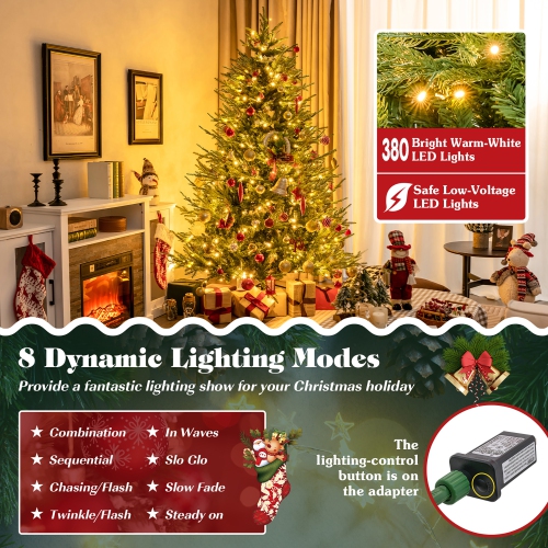 Gymax 7 ft pre-lit artificial Christmas tree artificial hinged Christmas tree w/ 380 LED lights & 1130 Branch Tips