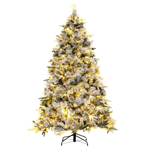 GYMAX  7 Ft Pre-Lit Artificial Christmas Tree Artificial Hinged Christmas Tree W/ 300 Led Lights Full Branch Christmas Tree