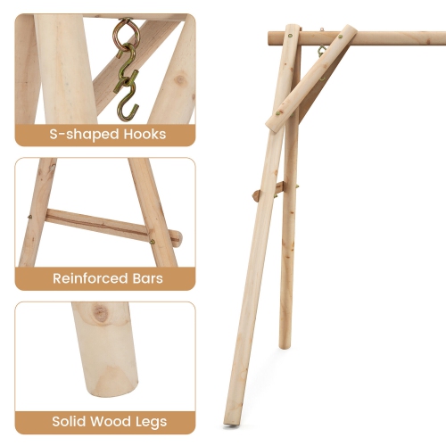Gymax Wooden Swing Frame 67'' Solid Wood Heavy Duty A-Frame Stand with Bars Porch Lawn
