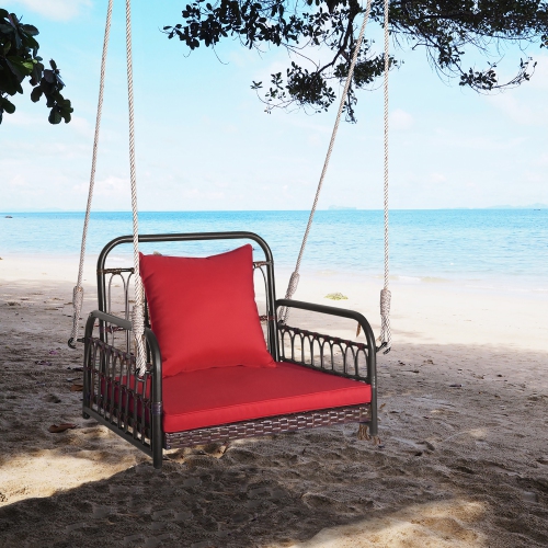 Gymax Single Person Hanging Swing Outdoor Hanging Seat w/ Back Cushion & Seat Cushion