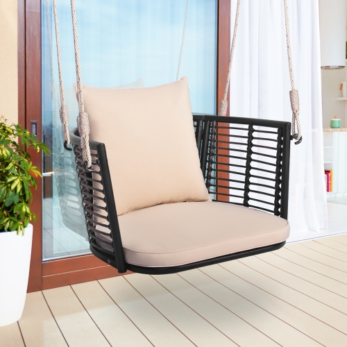 Gymax Outdoor Metal Porch Swing Single Person Hanging Seat w/ Woven Rattan Backrest Porch Backyard
