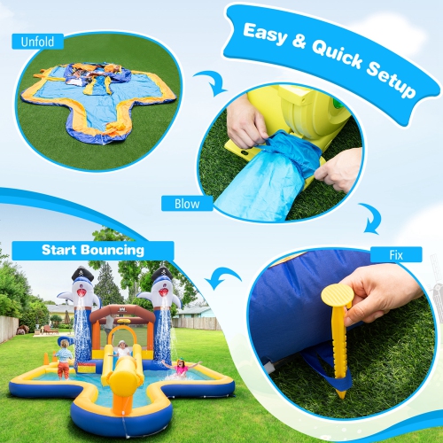 Costway Inflatable Water Slide Park Bounce House Splash Pool Water Cannon with 735W Blower
