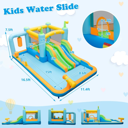 Costway Inflatable Water Slide Giant Kids Bounce House Park Splash Pool with 680W Blower