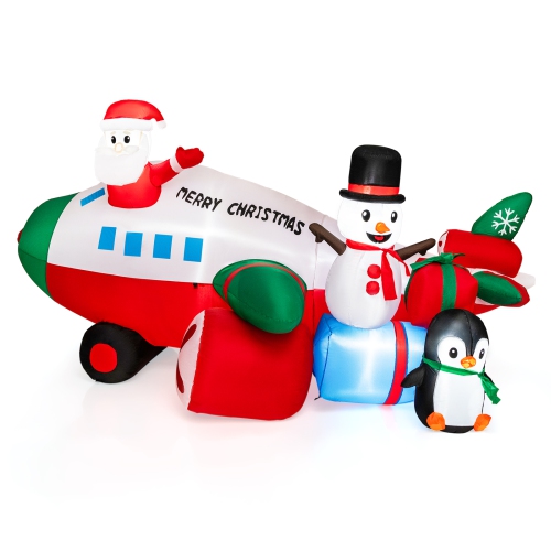 COSTWAY  9Ft Inflatable Christmas Santa Claus On Helicopter With Snowman Penguin Led Lights