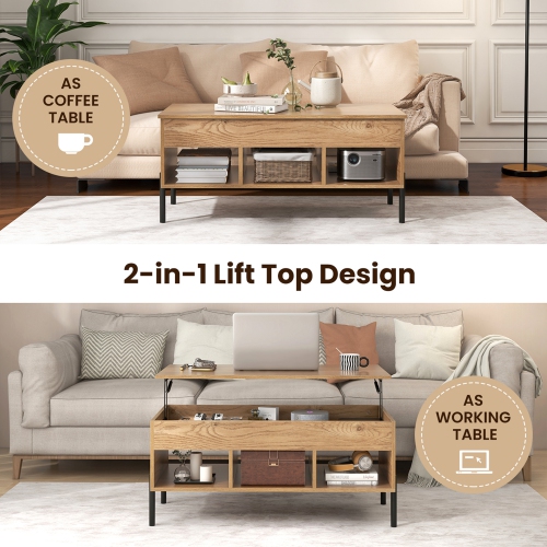 Costway Lift Top Coffee Table with Storage Compartment & 3 Open Cubbies for Living Room