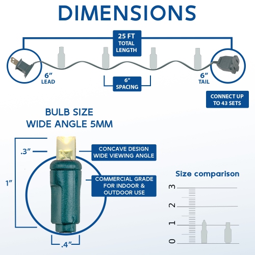 Jeu de mini lumières de Noël LED de 25 pi 50 sur fil vert, ampoules grand-angle 5&nbsp;mm, connectables, décoration intérieure/extérieure, homologuée