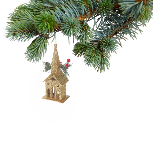 Maison Concepts Christmas Gold Glitter Ornament Church - Set of 12