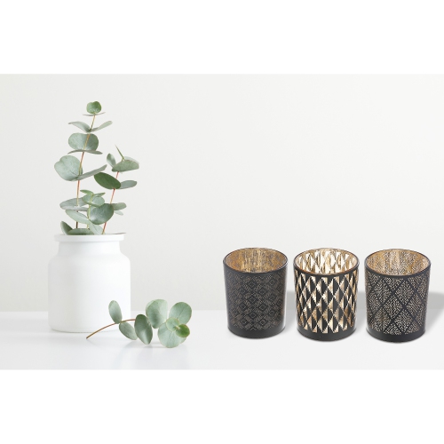 Maison Concepts Glass Tealight Holder Black Pattern - Set of 3