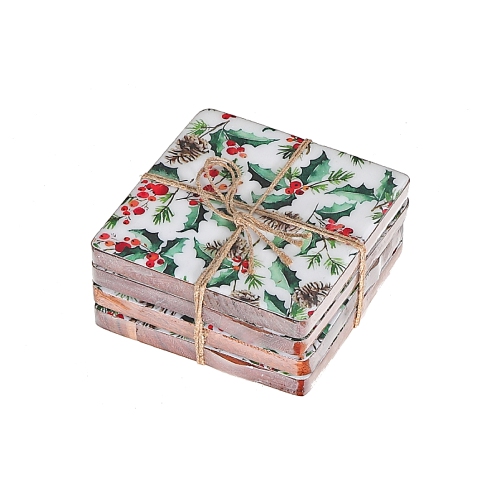 MAISON CONCEPTS  Christmas Set Of 4 Enameled Acacia Wood Coasters Holly Berries