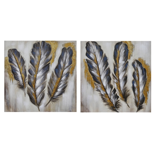 Art mural en toile peinte à la main de Maison concepts - Ensemble de 2 plumes délicates