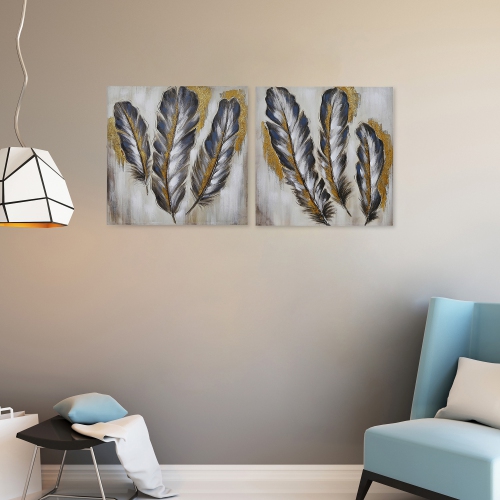 Art mural en toile peinte à la main de Maison concepts - Ensemble de 2 plumes délicates