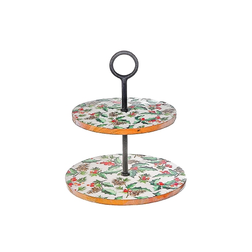 MAISON CONCEPTS  Christmas Enameled Acacia Wood 2 Tier Cake Stand Holly Berries