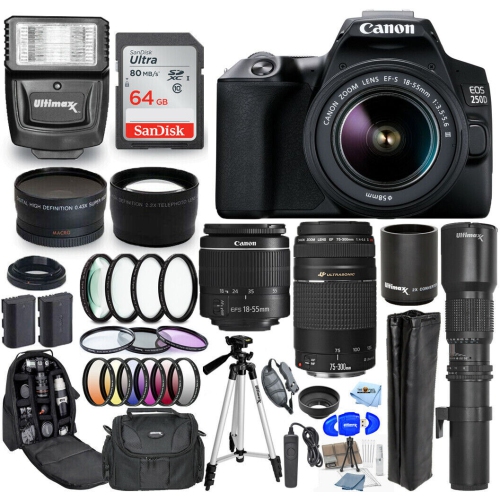 Canon EOS 250D/Rebel SL3 with 18-55mm + 75-300mm + 500mm 30 Piece Accessory Kit