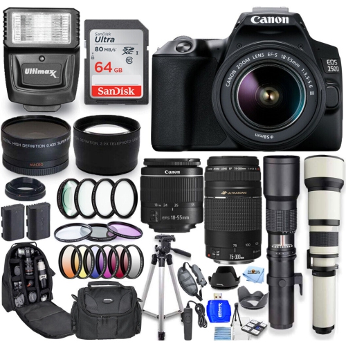 Ensemble EOS 250&nbsp;deniers/Rebel SL3 18-55&nbsp;mm + 75-300&nbsp;mm + 500&nbsp;mm + 650-1300&nbsp;mm avec 64&nbsp;Go de Canon