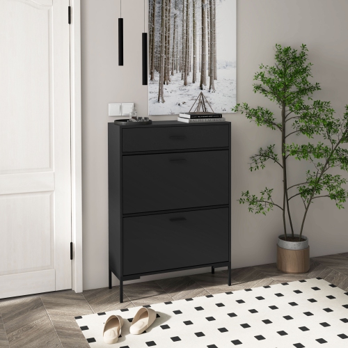 HOMCOM – Armoire à chaussures moderne avec 2 portes rabattables, tiroir et tablette réglable, 12 paires de chaussures pour entrée, couloir, noir