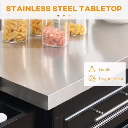 Îlot de cuisine de HOMCOM avec rangement, chariot de cuisine sur roulettes avec dessus en acier inoxydable, 2 tiroirs, 2 armoires, support à épices,