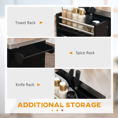 Îlot de cuisine de HOMCOM avec rangement, chariot de cuisine sur roulettes avec dessus en acier inoxydable, 2 tiroirs, 2 armoires, support à épices,