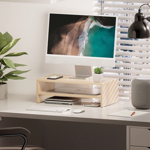 NIERBO Monitor Stand - 2 Tiers Computer Monitor Riser with 16.7 Inch Shelf, Wood Desktop Stand for Laptop Computer Screen, Home Office Supplies Desk