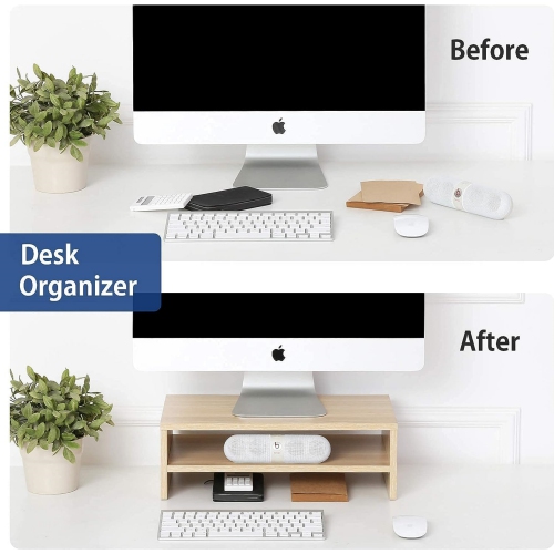 NIERBO Monitor Stand - 2 Tiers Computer Monitor Riser with 16.7 Inch Shelf, Wood Desktop Stand for Laptop Computer Screen, Home Office Supplies Desk