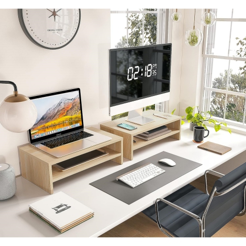 NIERBO Monitor Stand - 2 Tiers Computer Monitor Riser with 16.7 Inch Shelf, Wood Desktop Stand for Laptop Computer Screen, Home Office Supplies Desk