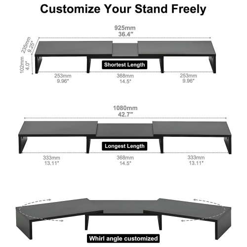 NIERBO Dual Monitor Stand - 3 Shelf Computer Monitor Riser, Wood Desktop Stand with Adjustable Length and Angle, Desk Accessories, Office Supplies