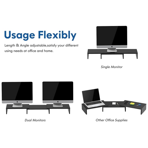 NIERBO Dual Monitor Stand - 3 Shelf Computer Monitor Riser, Wood Desktop Stand with Adjustable Length and Angle, Desk Accessories, Office Supplies