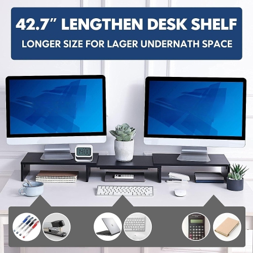 NIERBO Dual Monitor Stand - 3 Shelf Computer Monitor Riser, Wood Desktop Stand with Adjustable Length and Angle, Desk Accessories, Office Supplies