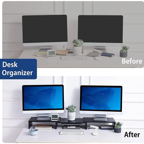 NIERBO Dual Monitor Stand - 3 Shelf Computer Monitor Riser, Wood Desktop Stand with Adjustable Length and Angle, Desk Accessories, Office Supplies