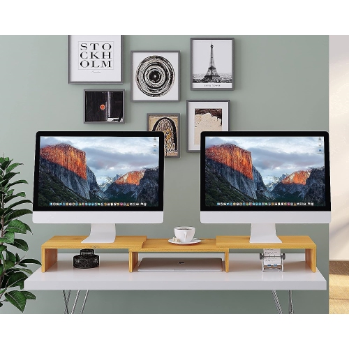 NIERBO Dual Monitor Stand - 3 Shelf Computer Monitor Riser, Wood Desktop Stand with Adjustable Length and Angle, Desk Accessories, Office Supplies