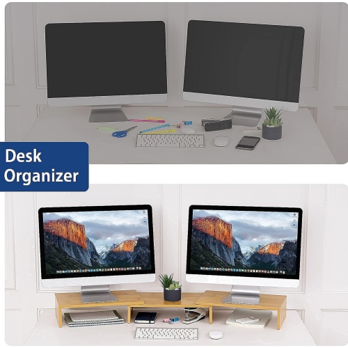 NIERBO Dual Monitor Stand - 3 Shelf Computer Monitor Riser, Wood Desktop Stand with Adjustable Length and Angle, Desk Accessories, Office Supplies