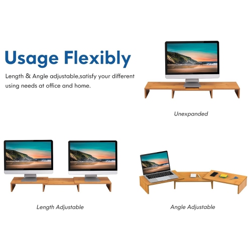 NIERBO Dual Monitor Stand - 3 Shelf Computer Monitor Riser, Wood Desktop Stand with Adjustable Length and Angle, Desk Accessories, Office Supplies