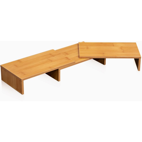 NIERBO Dual Monitor Stand - 3 Shelf Computer Monitor Riser, Wood Desktop Stand with Adjustable Length and Angle, Desk Accessories, Office Supplies